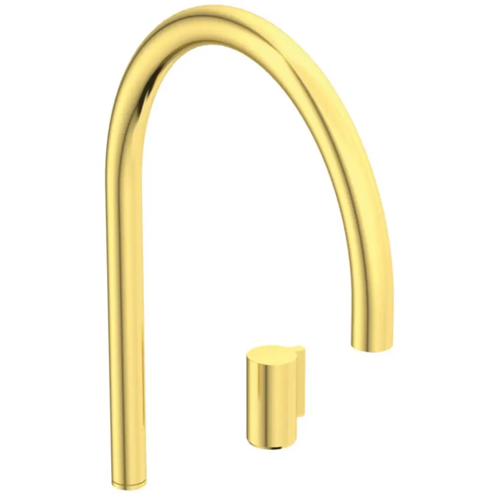 Hochformatige Waschtischarmatur aus gebürstetem Gold mit rundem Auslauf und bedienbarer Steuerung. Produkt von Ideal Standard.